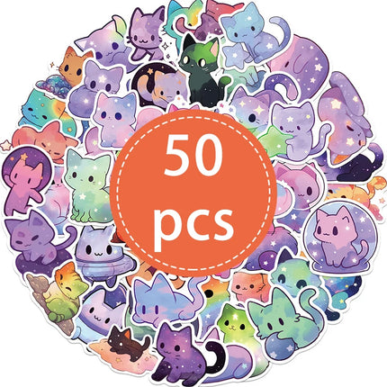 50PCS Cartoon Rainbow Starry Sky Cat Stickers Kawaii Space Cat Stickers,Galaxy Cate Stickers Aesthetic Cat Waterproof Stickers