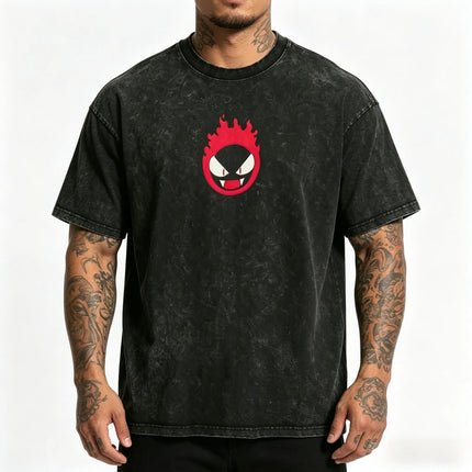 Retro Washed Pokemon Lavender Town Gengar Front Back Print Cotton Crewneck Streetwear T-Shirt For Anime Fans Men Women