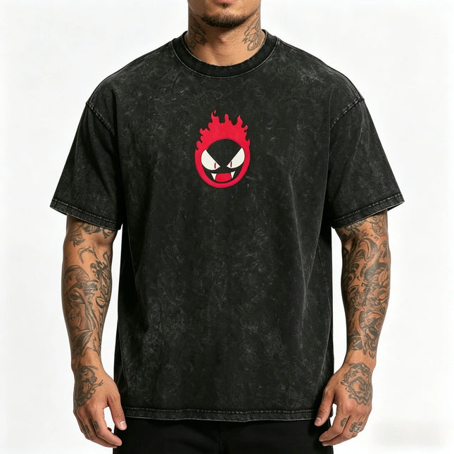 Retro Washed Pokemon Lavender Town Gengar Front Back Print Cotton Crewneck Streetwear T-Shirt For Anime Fans Men Women