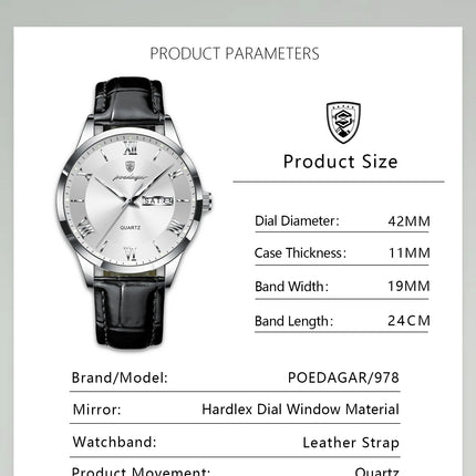 POEDAGAR Classic Luxury Men's Wristwatch Date Week Leather Business Man Watch Waterproof Luminous Fashion Quartz Watches For Men