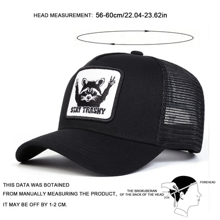 Unisex STAY TRASHY Raccoon Embroidery Baseball Net Caps Spring Summer Outdoor Adjustable Casual Hats Sunscreen Hat Sports Cap