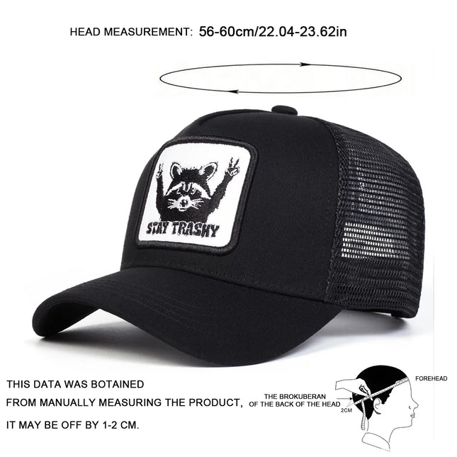 Unisex STAY TRASHY Raccoon Embroidery Baseball Net Caps Spring Summer Outdoor Adjustable Casual Hats Sunscreen Hat Sports Cap