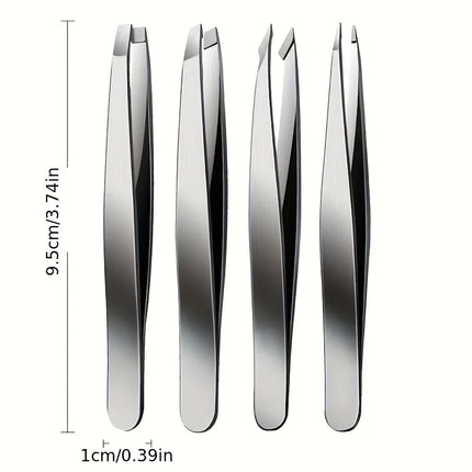 4Pcs Stainless Steel Precision Tweezers Set - For Grooming Eyebrows, Facial Hair, Comes with Convenient Travel Case