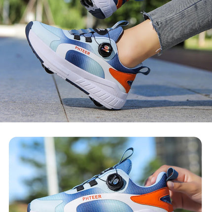 Kids Two Wheels Roller Skating Shoes with Light Magic Stick Walking Shoes, Detachable Wheels Roller Skate Shoes for Teenagers