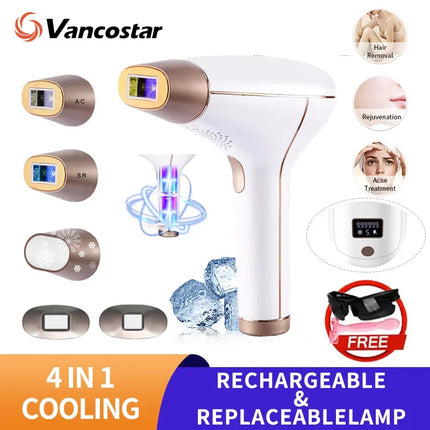 Vancostar Cordless Laser Hair Removal Rechargeable 4in1 Replaceable Lamp Cooling Painless Permanent Bikinis Trimmer IPL Epilator