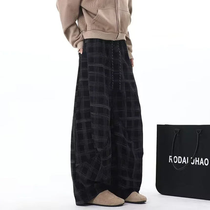 Spring Casual Plaid Striped Straight-leg Pants For Man High Street Fashion Corduroy Drawstring Trousers Y2K Retro Sweatpants