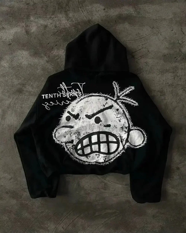 Retro Gothic Hip Hop Hoodie Featuring Quirky Patchwork Zipper Hoodie Y2K Men Women Green Casual Cartoon Hoodie Loose Sweatshirt