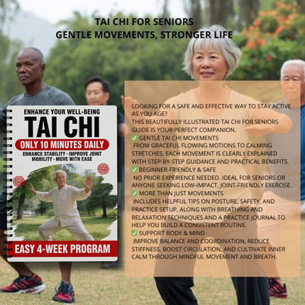 Tai Chi Practice Book for Seniors & Beginners Spiral-Bound Martial Arts Exercise Manual with Progressive Daily Workout Pages