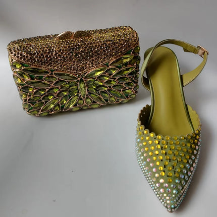 INSIGHTLINK Luxury Olive Green Rhinestones Women's Shoe and Bag Set for Party Wedding Crystals Heeled Pumps and Handbag Sandals