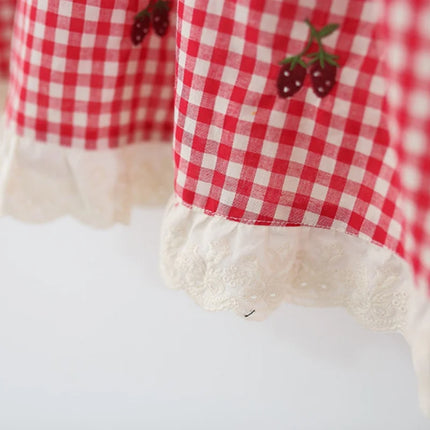 Baby Girl Dress Summer Red Checkered Cotton Sleeveless Girl Dress Cute Cherry Embroidery Bow Girl Princess Dress