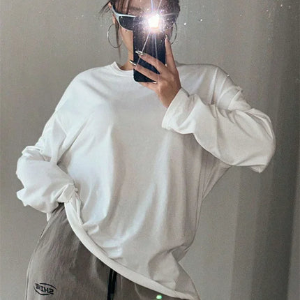 Women's Basic Long Sleeve Loose O-neck T-shirt Autumn Winter Solid Color Tee Top Streetwear