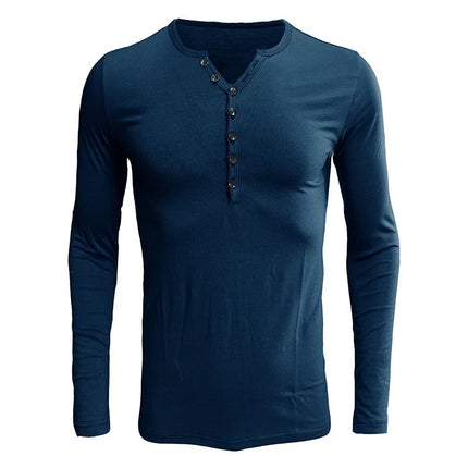 Men's Henley Collar Long Sleeve T-Shirt Solid Color Slim Fit Button Trim Casual Bottoming Shirt Trendy Tops Sizes S-2XL