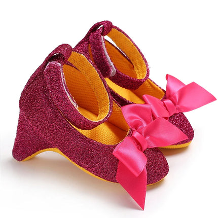Princess Style Newborn Baby Girl Cute Shoes Solid Color Bow High Heels First Step Toddler Walk Party Dress Footwear