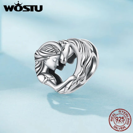 WOSTU Solid 925 Sterling Silver Lovely Girl & Horse Charm Heart Guardian Pendant Fit DIY Bracelet Necklace Heart Jewelry Series