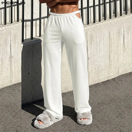 INCERUN Men Pants Solid Color Elastic Waist Joggers Hollow Out Trousers For Man Streetwear Fashion Casual Cozy Pants Pantalones