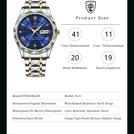 POEDAGAR Luxury Men Wristwatch Waterproof Luminous Date Week Watch For Man Stainless Steel Men's Watches Quartz Male Clock Sport
