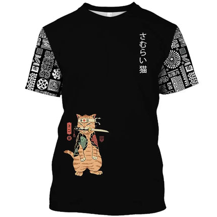 Japanese Samurai Cat Print T Shirt For Men Casual Simplicity O-neck Short Sleeve Fashion Trend Harajuku Streetwear Oversized Top
