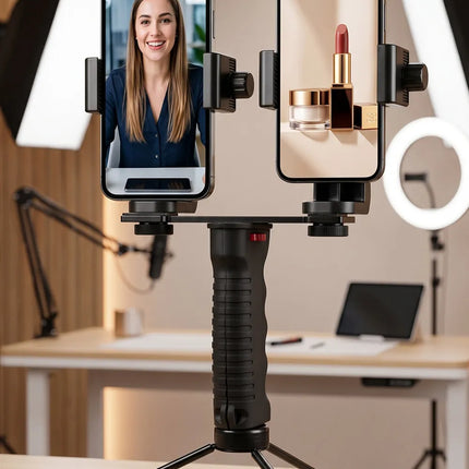 Dual Phone Holder Mount Stand for Live Streaming Video Recording Adjustable Handheld Gimbal Stabilizer with Tripod for TikTok Vl