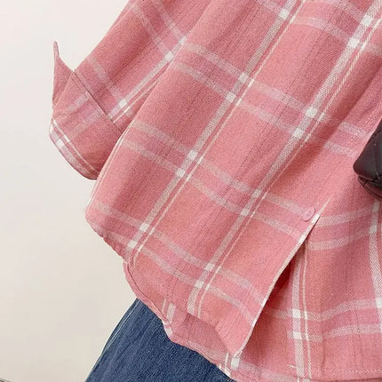 Retro Hong Kong Style Loose Long Sleeve Pink Plaid Shirt Women's Autumn Summer Lazy Slimming Casual Versatile Outerwear Top
