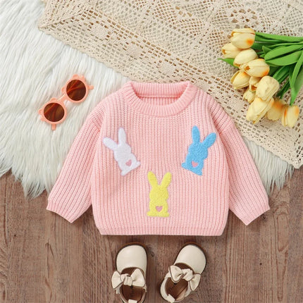 Toddler Girls Knit Easter Sweater Long Sleeve O Neck Bunny Embroidery Pullover Knitwear