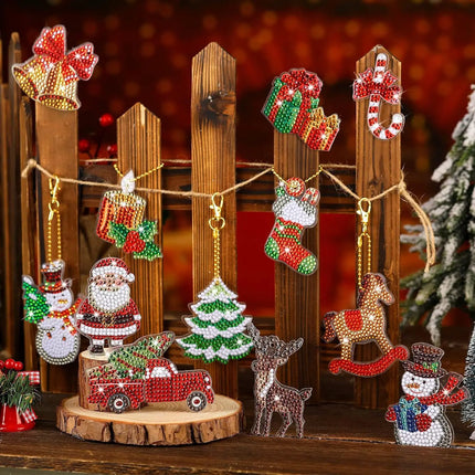 12Pieces Double Sided Christmas Diamond Art Ornaments Diamond Painting Keychains DIY 5d Painting Round Drill Key Chain Christmas