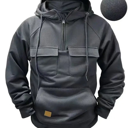 Fashionable Youth Men's Hoodie Solid Color Casual Autumn/Winter Pullover with Multi Pockets Patch Design