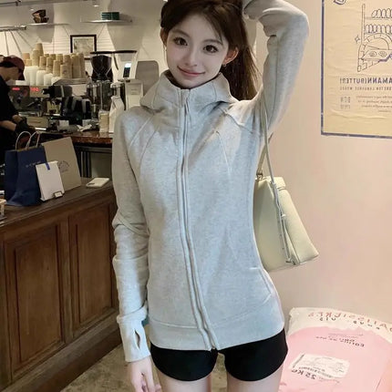 Slim Fit Pure Color Cotton Hoodie Jaet Women's Spring Autumn Zipper Cardigan Waist Cinching Sweatirt Korean Sle Top