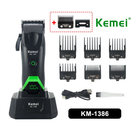 Kemei 1386 Men's Hair Clipper 8000RPM DLC Blade with Base Charger LED Display 2000mAh Professional Hair Cutting Machine Trimmer