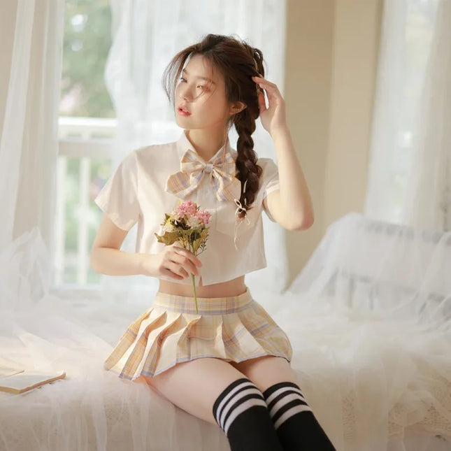 Sexy Pleated Skirt Lingerie Set Women's Passionate JK Uniform Cute Student Short Skirt Roleplay Costume Polyester Fabric