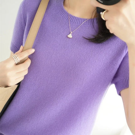 Summer New Women's Knitted Short Sleeve T-shirt Thin Wool Cashmere Short Sleeve Loose Fit Round Neck Top Outerwear Straight Cut