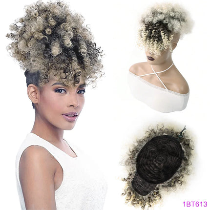 Afro Puff Drawstring Ponytail with Bangs Pineapple Updo Hair for Black Women, Short Kinky Curly Synthetic Ponytail Bun