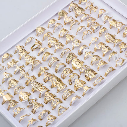 100 Pieces Stainless Steel Engraved Rings for Men and Women Fashion Charm Jewelry Gift Hollow Flower Finger Rings Wholesale Lots