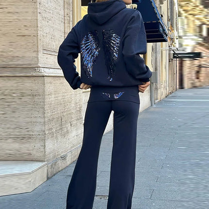 Casual Sequin Wings Hooded Sweatshirt Pant Set Women Solid Loose Full Sleeve Pullover Suit 2026 Spring Autumn Lady Daily Outfit