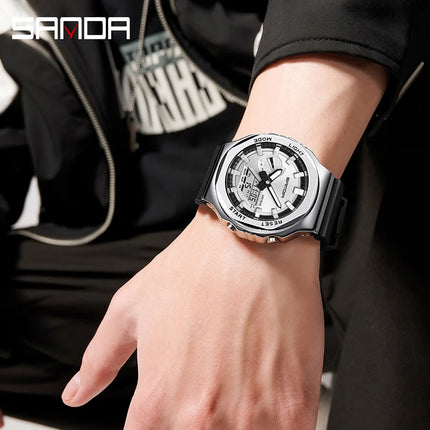 SANDA 3167 Top New Style Men's Casual Military Outdoor Sport Wrist Watch Quartz 50M Waterproof Fashion Dual Display Men's Watch