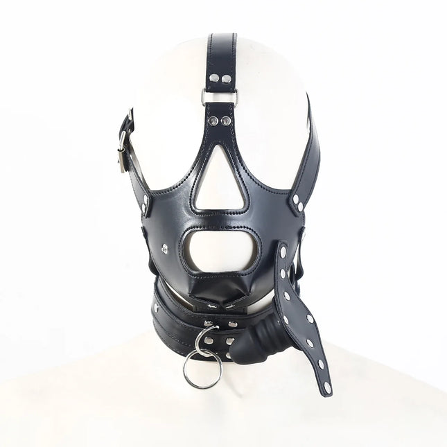 BDSM PU Leather Head Harness Hood Mask with Silicone Dildo Mouth Gag Slave Bondage Role Play Adult Sex Toy Fetish Gear Tools