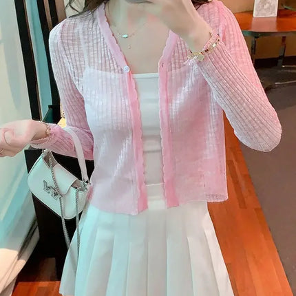 Slim Fit Knitted Long Sleeve Short Cardigan Women's Summer New Style Korean Version Thin Outerwear Pure Color Sun Protection Shi