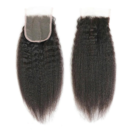 Kinky Straight 4x4 Lace Frontal Closure 100% Human Hair Yaki Straight 4x4 Lace Frontal Preplucked Natural Black  for Women
