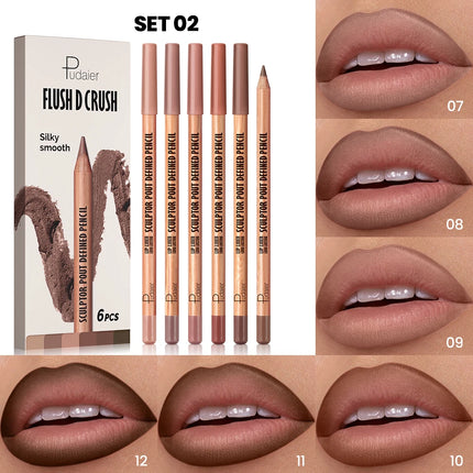1 set of 6pcs  - Matte velvet lip liner pen set, waterproof, long-lasting and non-fading, suitable for various makeup looks