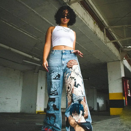 Harajuku anime characters printing jean new wide leg denim pants y2k mens jeans streetwear style couples trouser black jeans