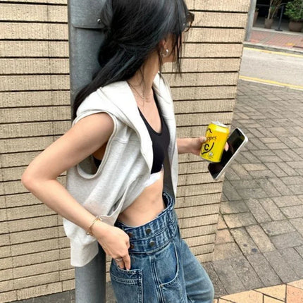 2026 Zipper Pocket Design Women Crop Top Y2k Aesthetic Vintage Grunge Solid Hoodies Japanese Streetwear Hooded Tee Shirts Summer