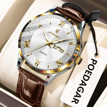 POEDAGAR Classic Luxury Men's Wristwatch Date Week Leather Business Man Watch Waterproof Luminous Fashion Quartz Watches For Men