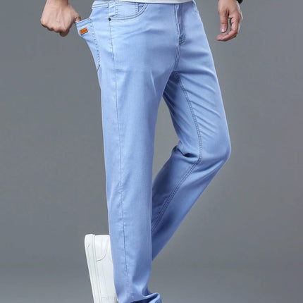 Lyocell Ice Silk Jeans Men's Comfortable Soft Cool Drape Casual Trousers Spring Summer Thin Korean Business Straight Denim Pants