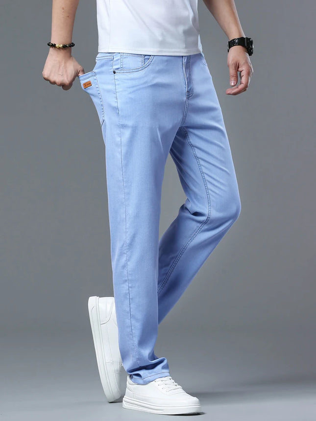 Lyocell Ice Silk Jeans Men's Comfortable Soft Cool Drape Casual Trousers Spring Summer Thin Korean Business Straight Denim Pants