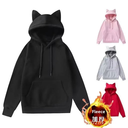 Unisex Long Sleeve Fleece Lined Cat Ear Hoodie Streetwear Hip Hop Autumn Cute Hat Sweatshirt Thick Winter Polyester Fiber