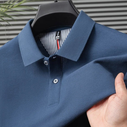 100% Pure Cotton Short-Sleeved Men's Polo Shirt Summer Boutique Fashion High-Quality Top Solid Color Collar Back Striped T-Shirt