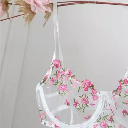 YUQI French Elegant Lingerie Set-Floral Embroidery Semi-Transparent Bra & Brief,Black Sensual Women's Underwear Luxury Intimates