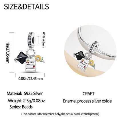 100% 925 Sterling Silver Graduation Season Series Owl Bachelor's Hat Charms Beads Fit 3mm 925 Original Bracelets DIY Jewelry