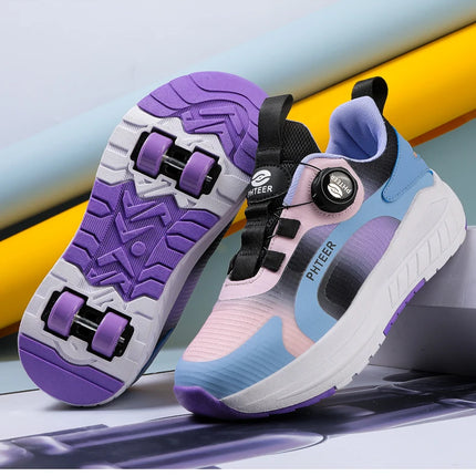 Kids Two Wheels Roller Skating Shoes with Light Magic Stick Walking Shoes, Detachable Wheels Roller Skate Shoes for Teenagers