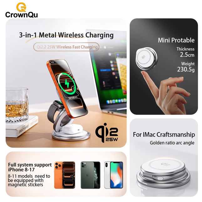 Qi2.2 25W Metal Wireless Charger Portable Fast Charging Station Stand 360° Rotation for iPhone 17 16 15 14 Pro Max Watch Airpods