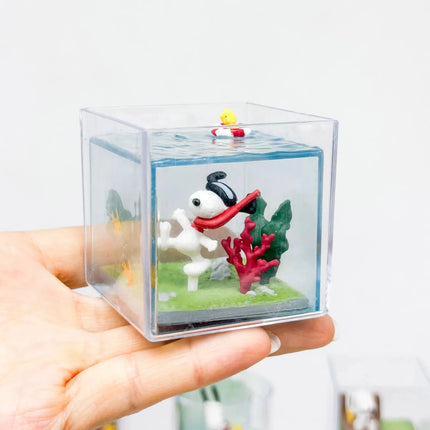 Snoopy Woodstock Happy Time in Terrarium Figures Collect Fishing Surfing Snorkeling Ice Skating Camping Scene Blind Box Toys